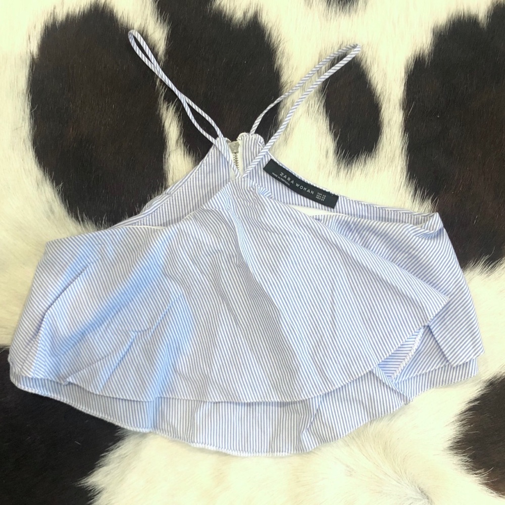 Zara blue and white striped ruffle halter crop top